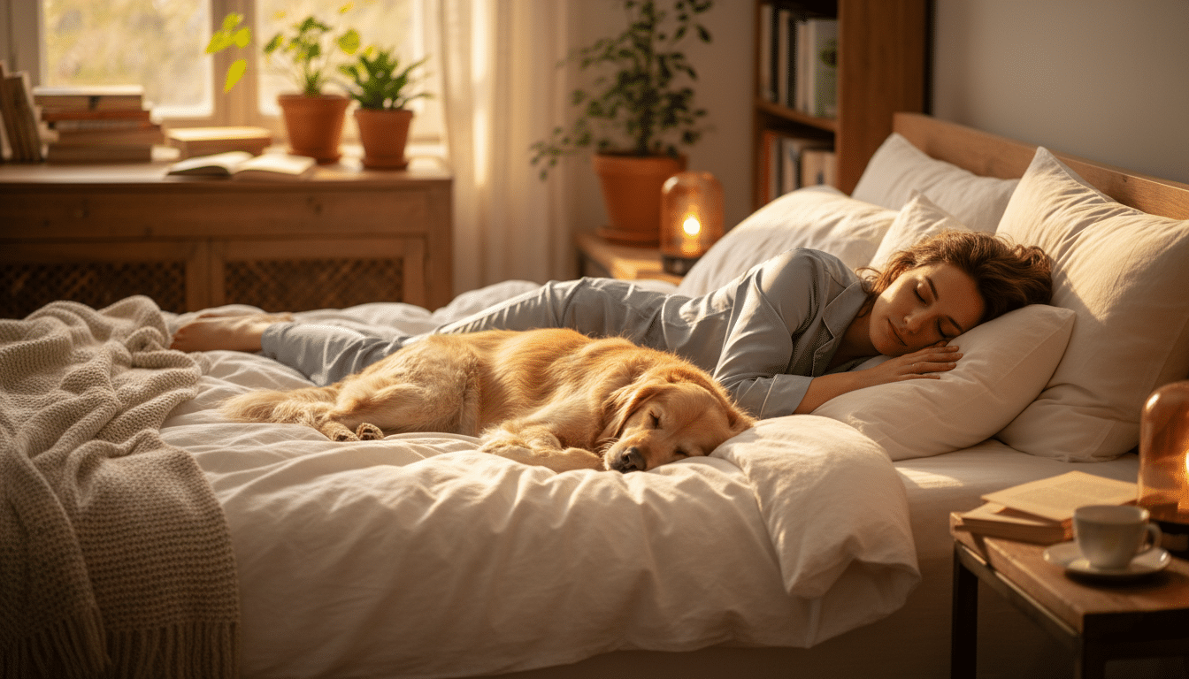 Chien dormant sur un lit à côté de sa propriétaire