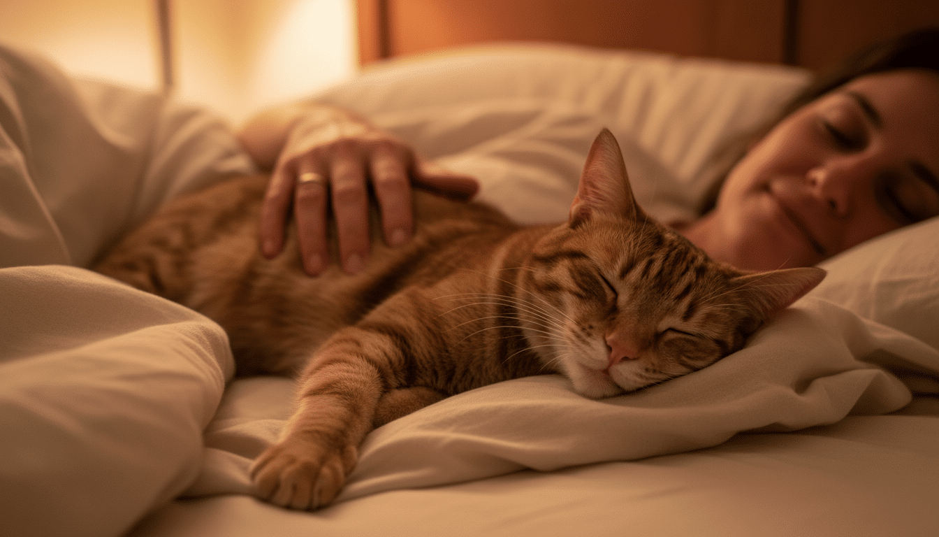 Chat ronronnant sur la poitrine de son propriétaire la nuit
