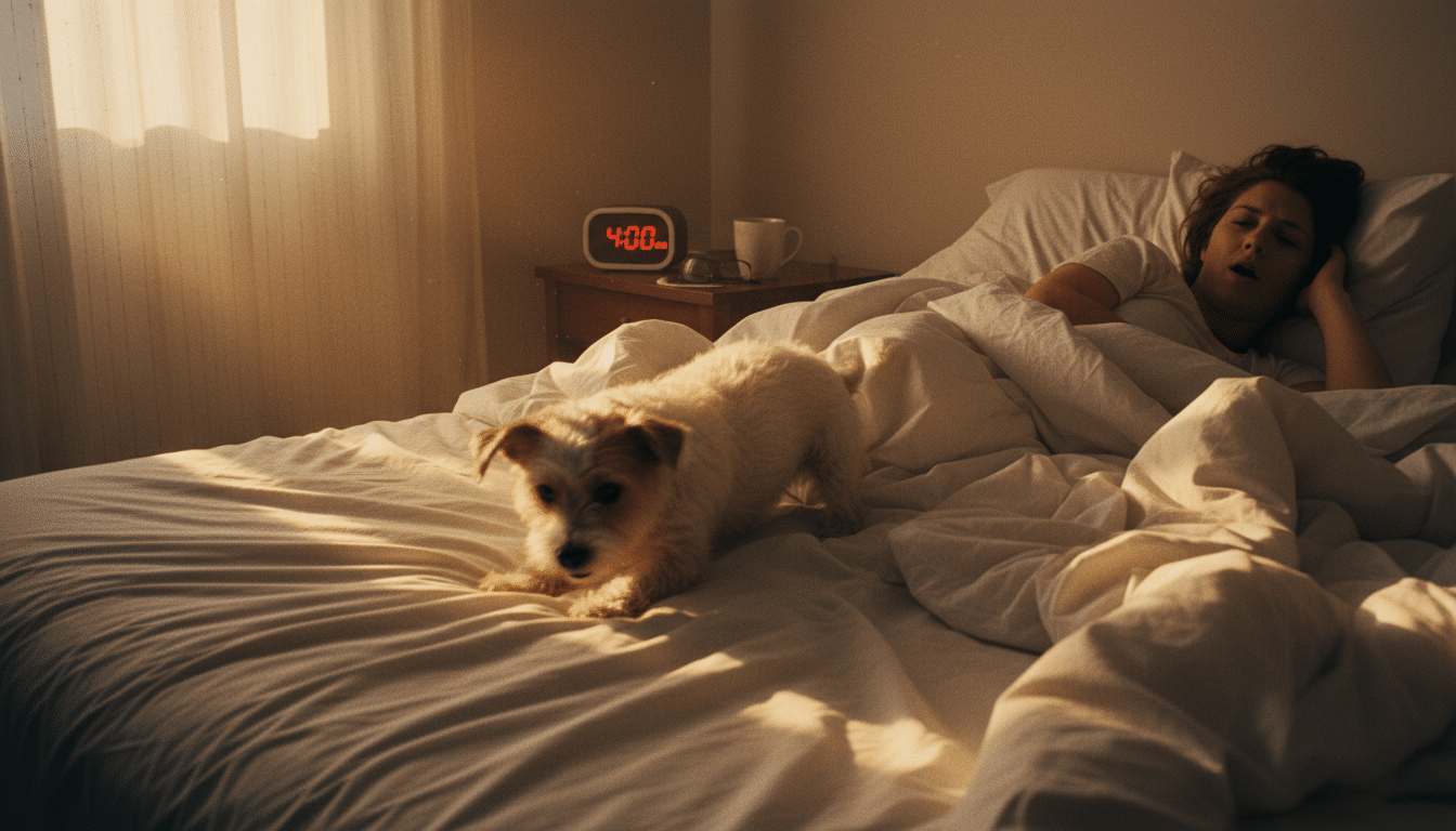 Chien agité sur un lit perturbant le sommeil de son maître