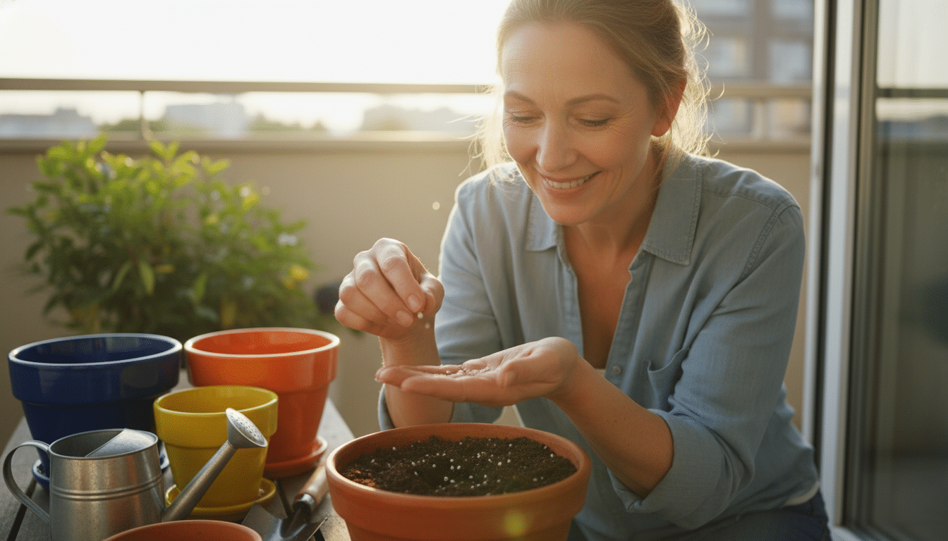 Femme semant de l'alysse odorant dans un pot sur un balcon ensoleillé