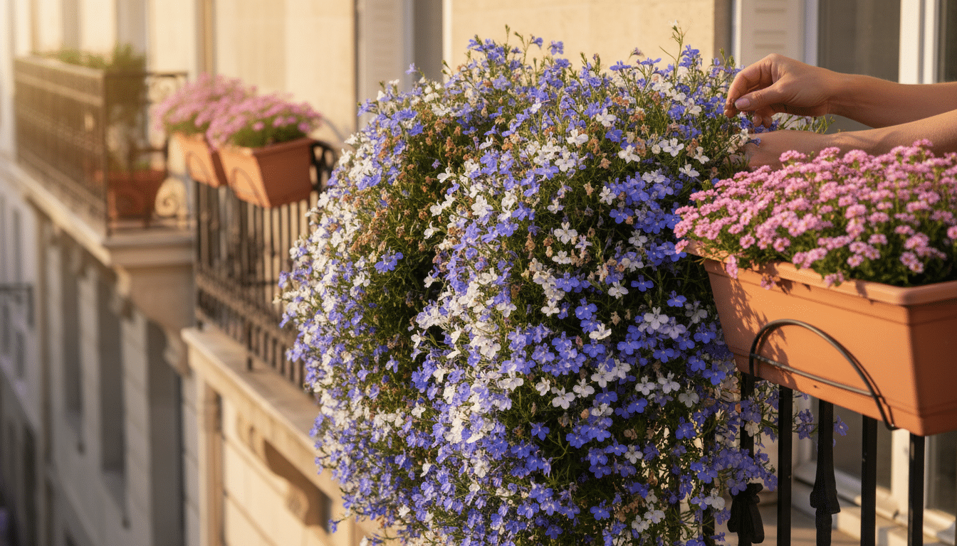 Suspension de lobélias bleues et blanches sur un balcon fleuri