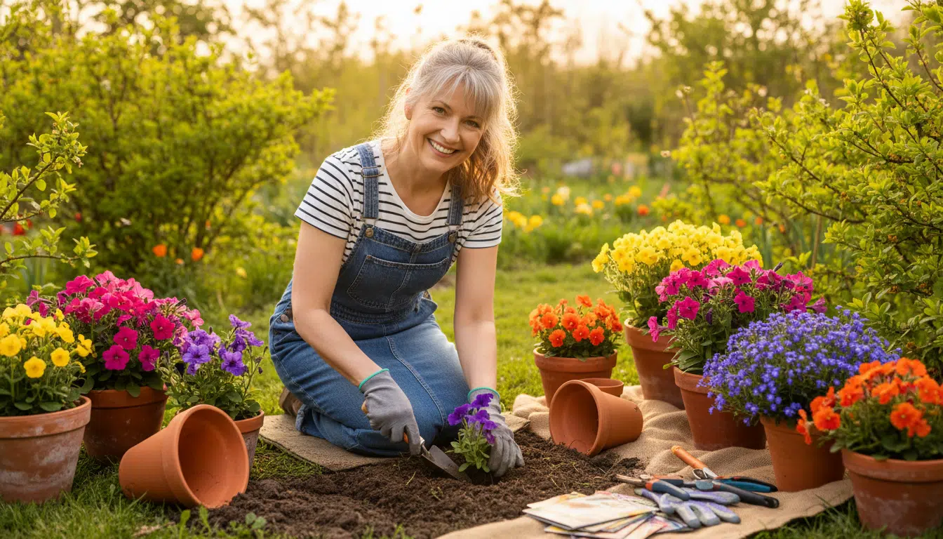 Femme plantant des fleurs colorées au jardin au printemps