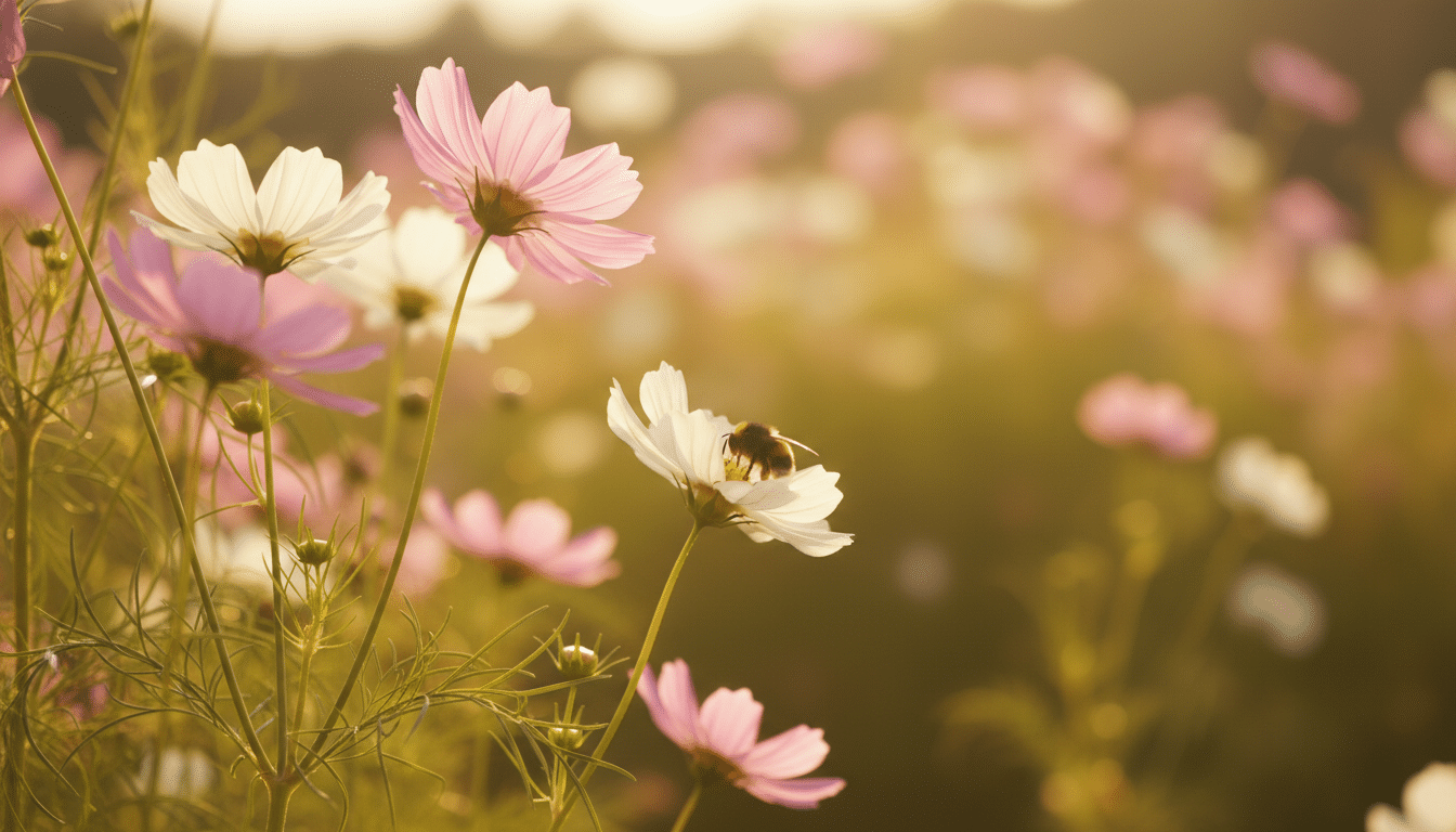 Fleurs de cosmos roses et blanches avec une abeille au jardin