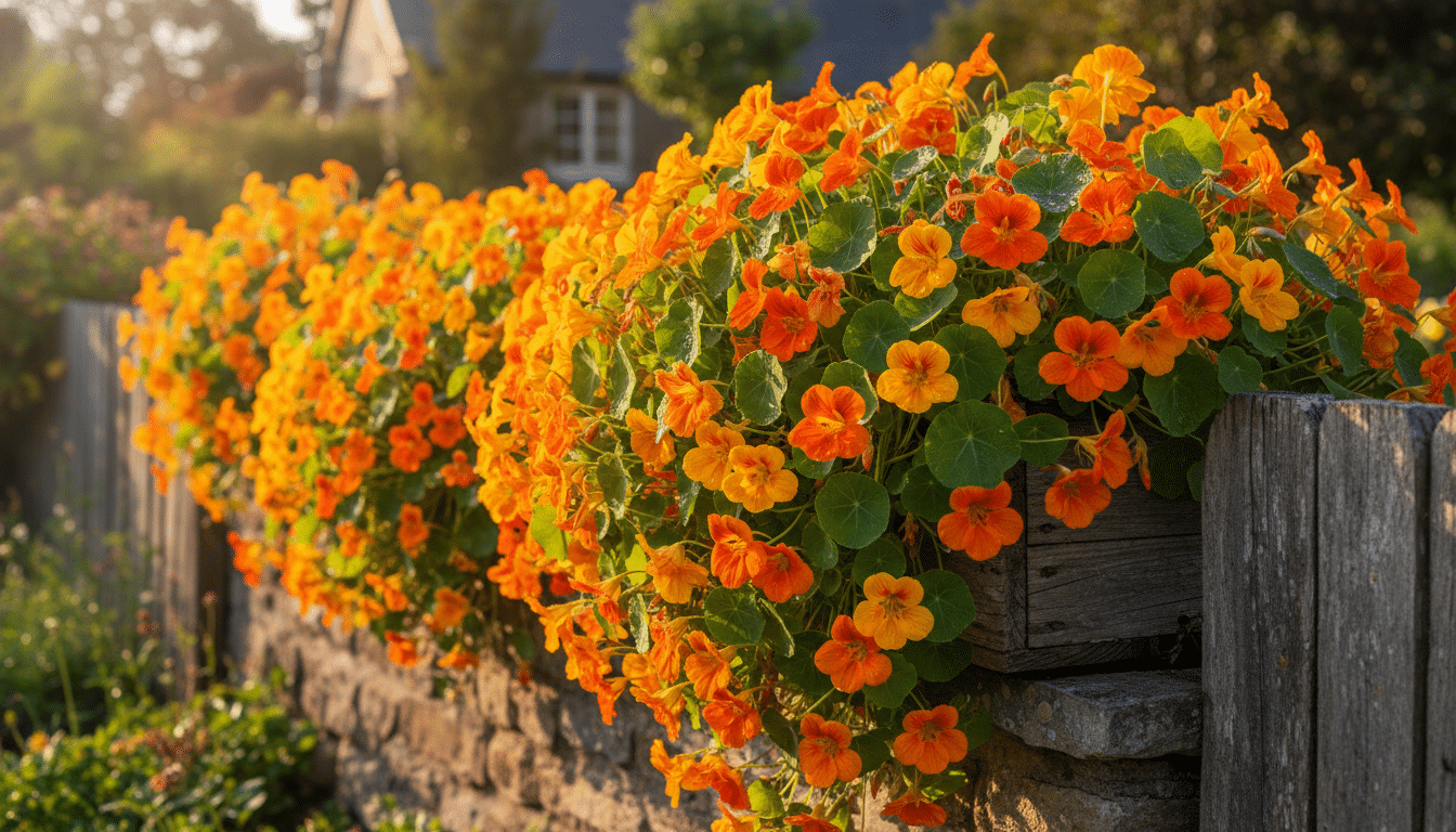 Capucines oranges et jaunes débordant d'une jardinière en bois