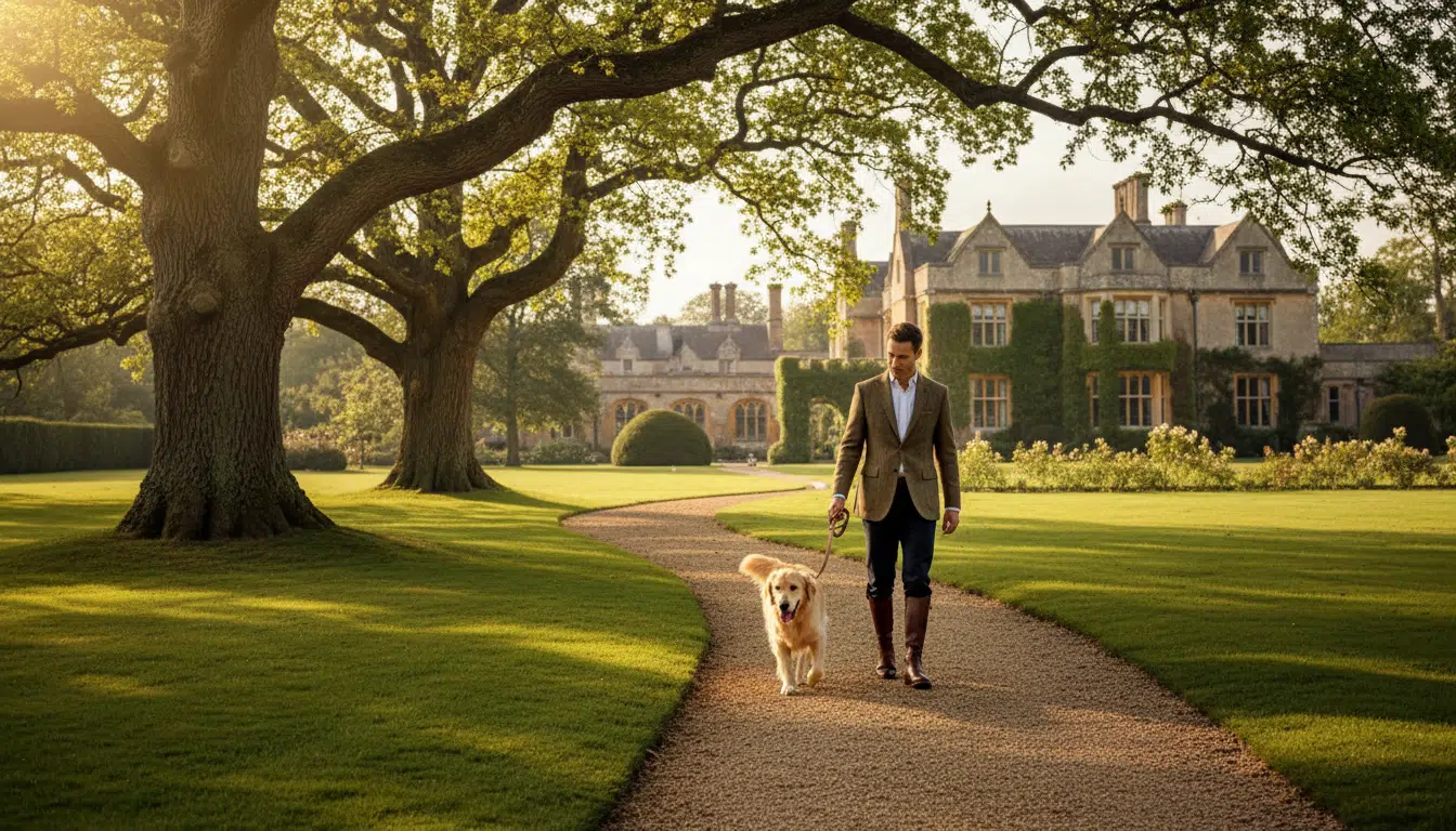 Promenade d'un chien dans un domaine anglais du Surrey