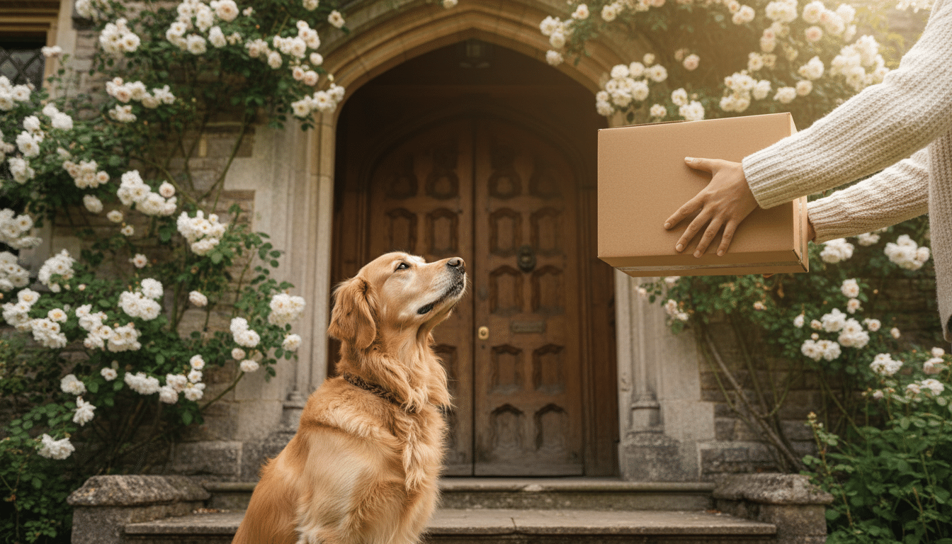 Réception d'un colis devant un manoir britannique