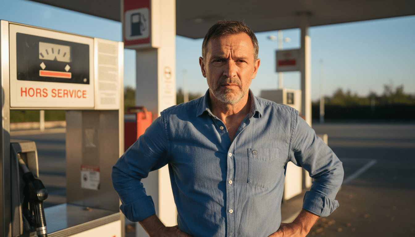 Automobiliste frustré devant une pompe à carburant vide