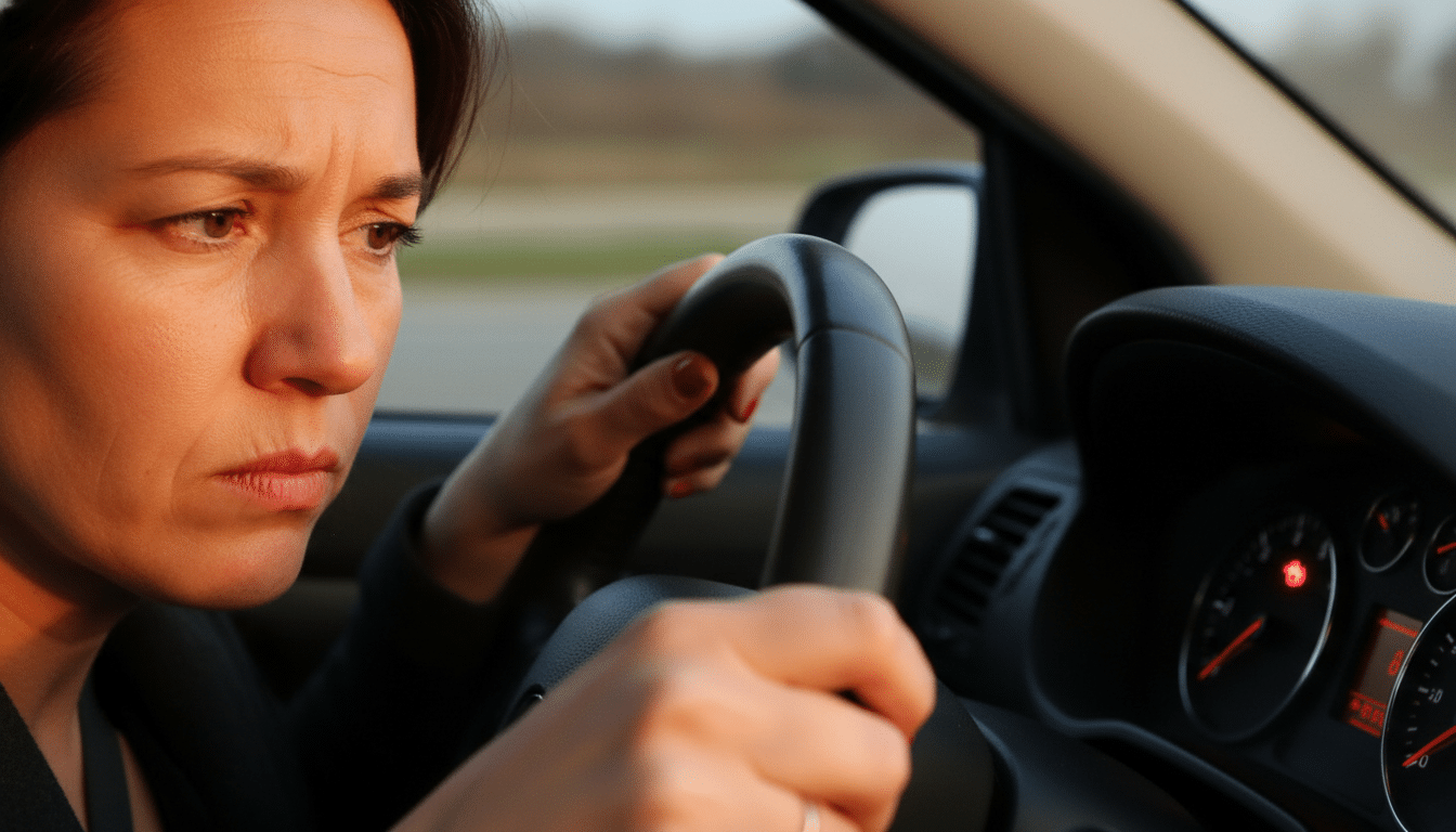 Femme inquiète regardant sa jauge d'essence presque vide