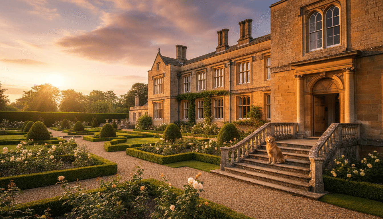 Manoir anglais du Surrey avec un chien sur les marches