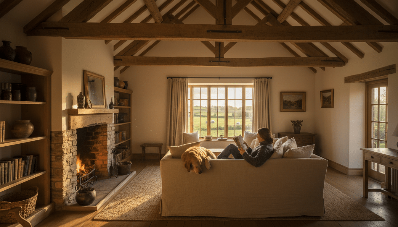 Personne et chien dans un cottage de luxe anglais