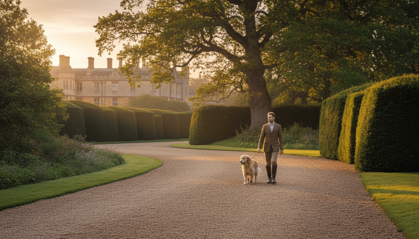 Promenade d'un chien dans un domaine anglais verdoyant