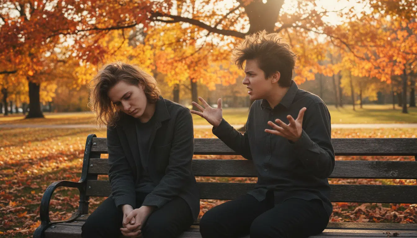 Deux amis sur un banc, l'un épuisé par la négativité