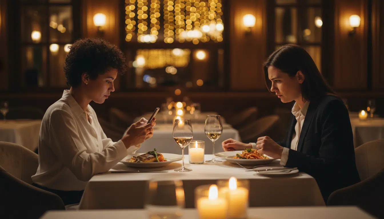 Couple au restaurant, un partenaire ignorant l'autre