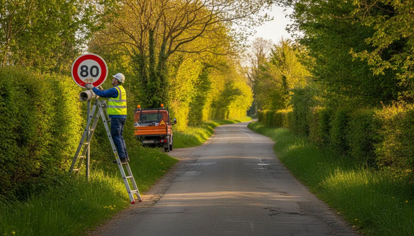 Panneau 80 km/h sur une route départementale normande