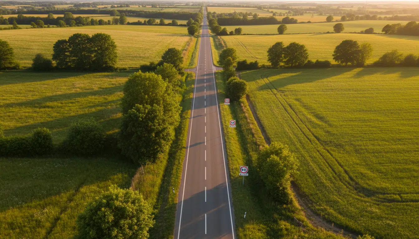 Route départementale de l'Orne vue du ciel avec panneaux de vitesse