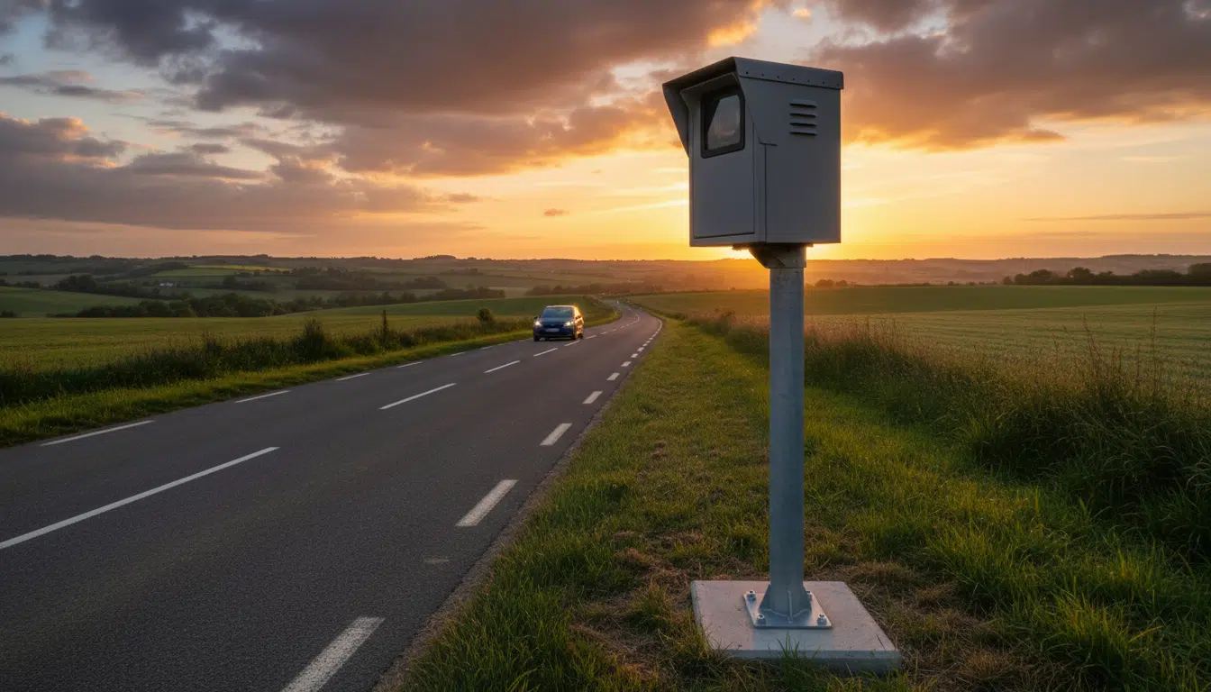 Radar automatique sur une route normande au coucher du soleil