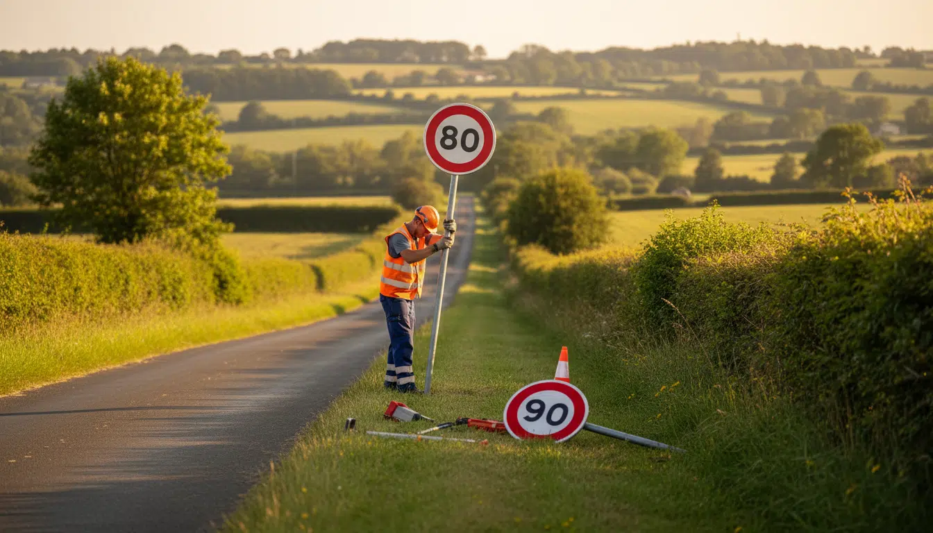 Panneau 80 km/h installé sur une route départementale normande