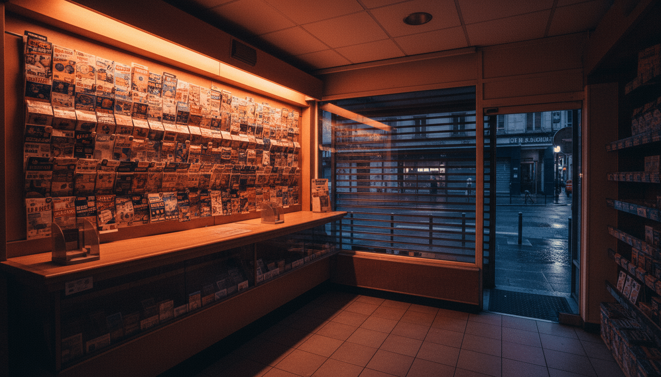 Comptoir de tabac la nuit avec tickets à gratter