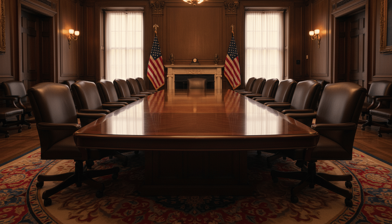 Salle du conseil des ministres à la Maison-Blanche vide, longue table en bois sombre et fauteuils en cuir sous un éclairage ambré