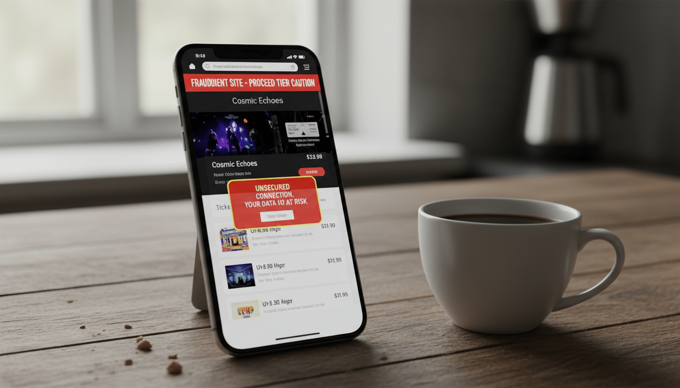 Un smartphone affichant un faux site de billetterie avec une alerte de fraude, posé sur une table de cuisine