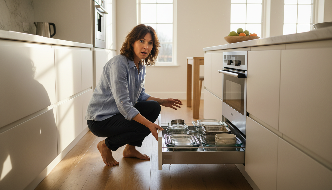 Femme ouvrant le tiroir sous le four rempli d'ustensiles