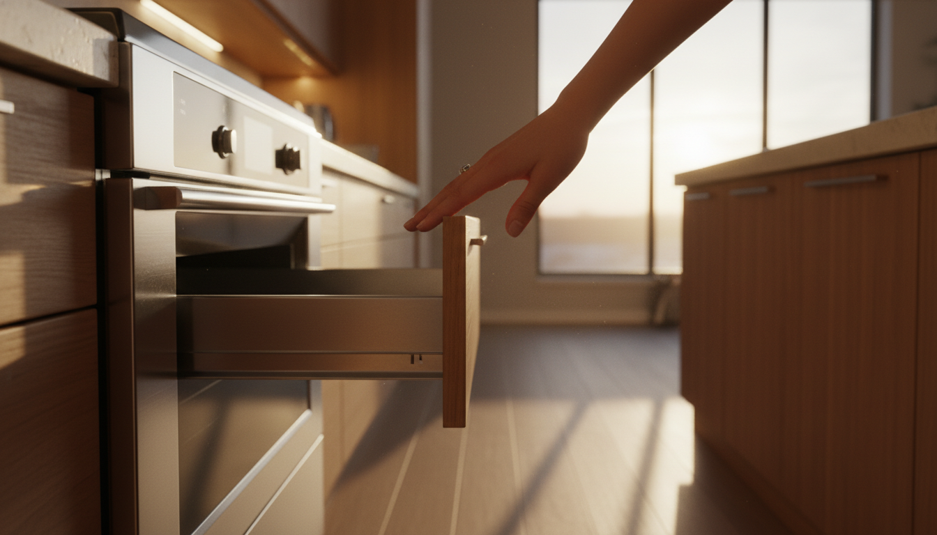 Main vérifiant la chaleur du tiroir sous le four