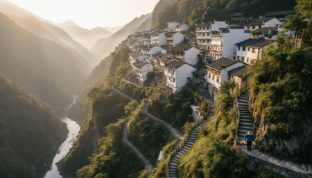Ville escarpée de Wushan avec escaliers raides à flanc de montagne