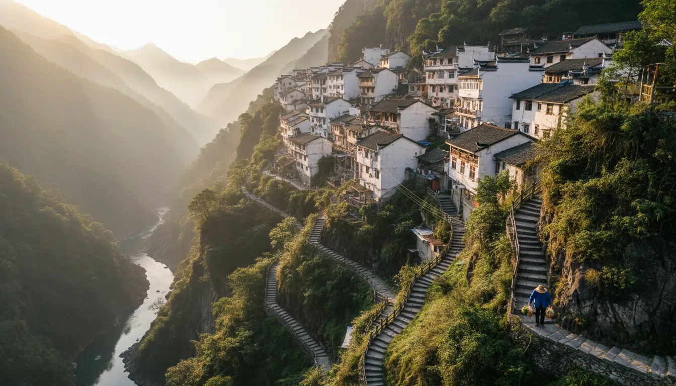 Ville escarpée de Wushan avec escaliers raides à flanc de montagne