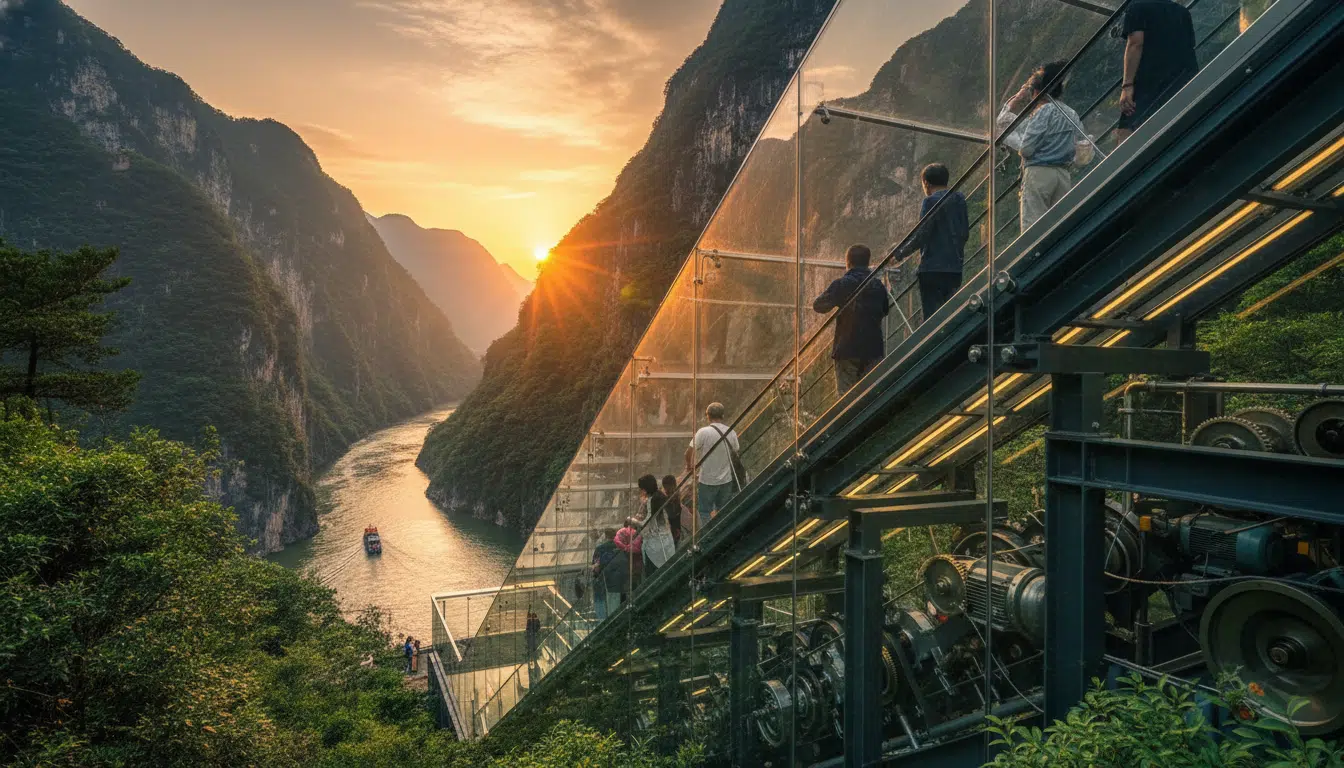 Escalator vitré en extérieur sur la montagne de Wushan en Chine