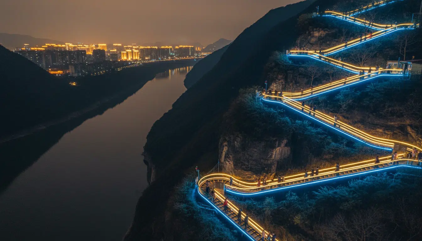 Escalator géant illuminé de nuit au-dessus des gorges du Yangtsé
