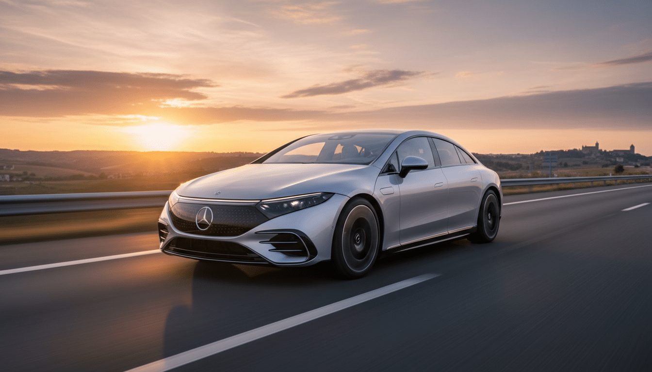 Mercedes EQS berline électrique sur autoroute au coucher du soleil