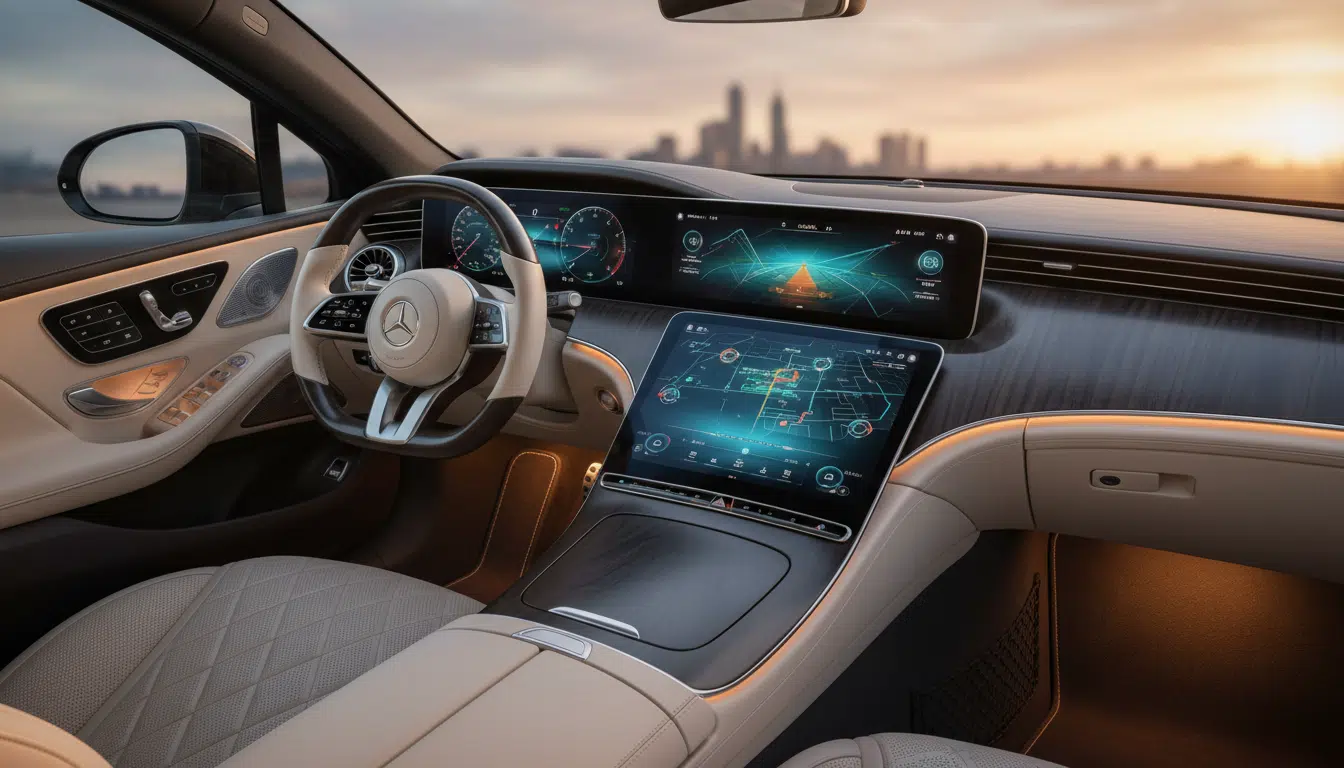 Intérieur de la Mercedes EQS avec écran Hyperscreen et volant yoke