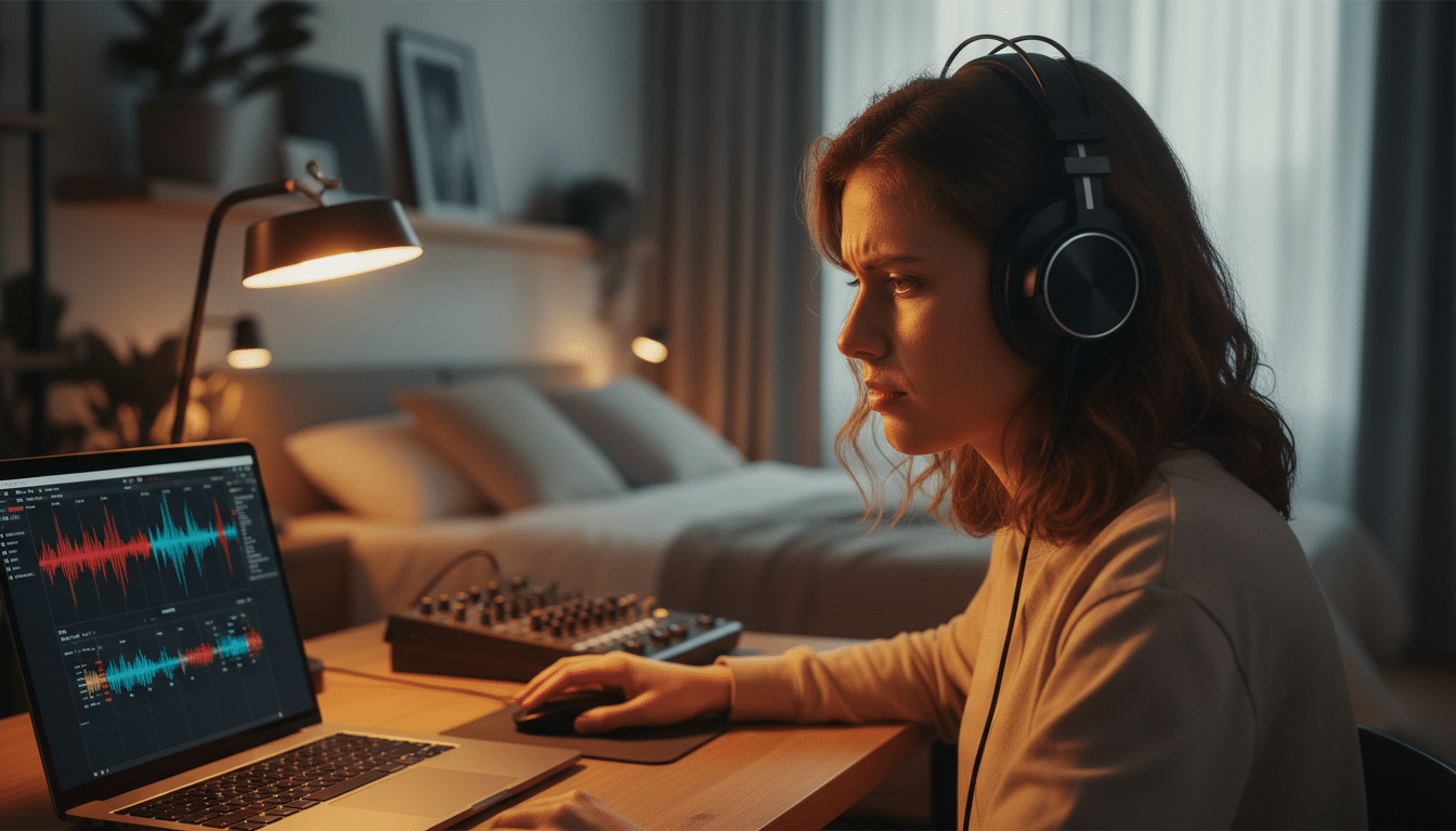 Personne déçue écoutant de la musique IA sur ordinateur
