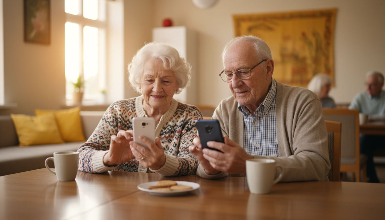 Couple de nonagénaires apprenant à utiliser un smartphone