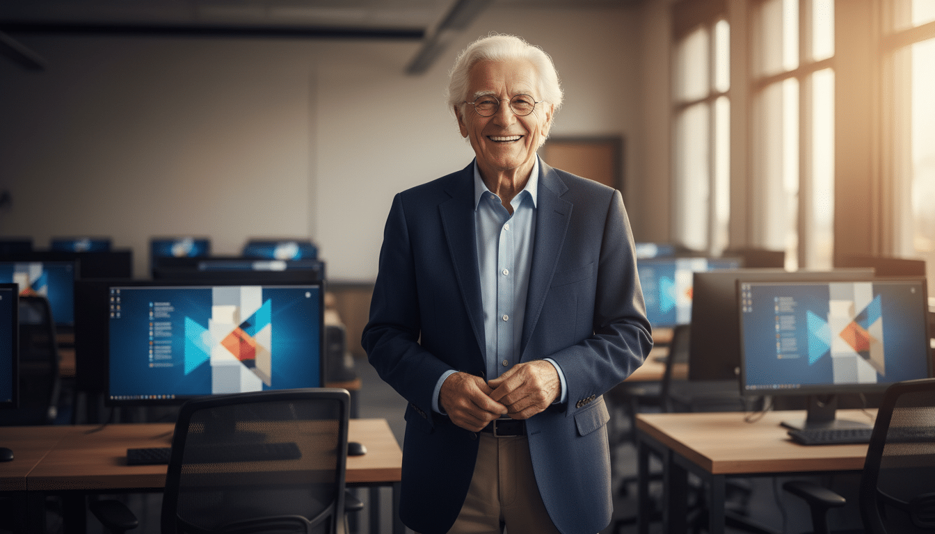 Dean Simes centenaire devant une salle informatique