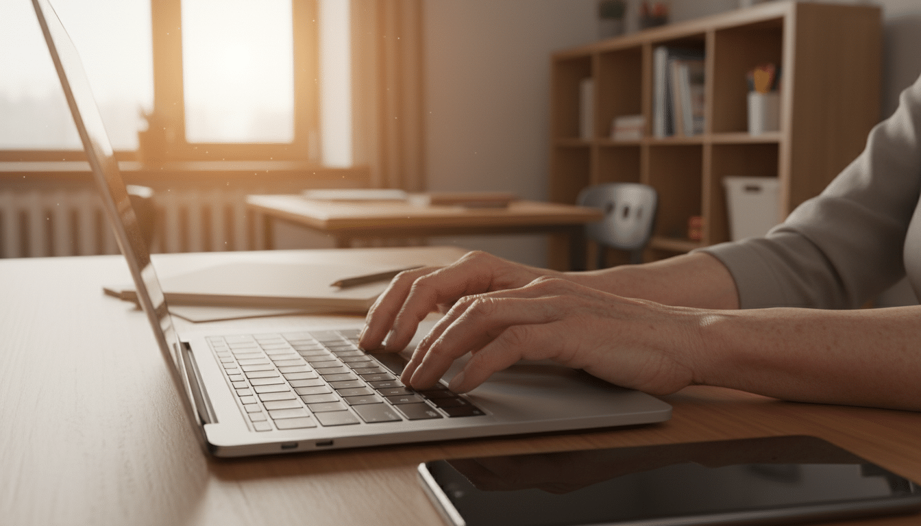 Mains âgées tapant sur un clavier d'ordinateur portable