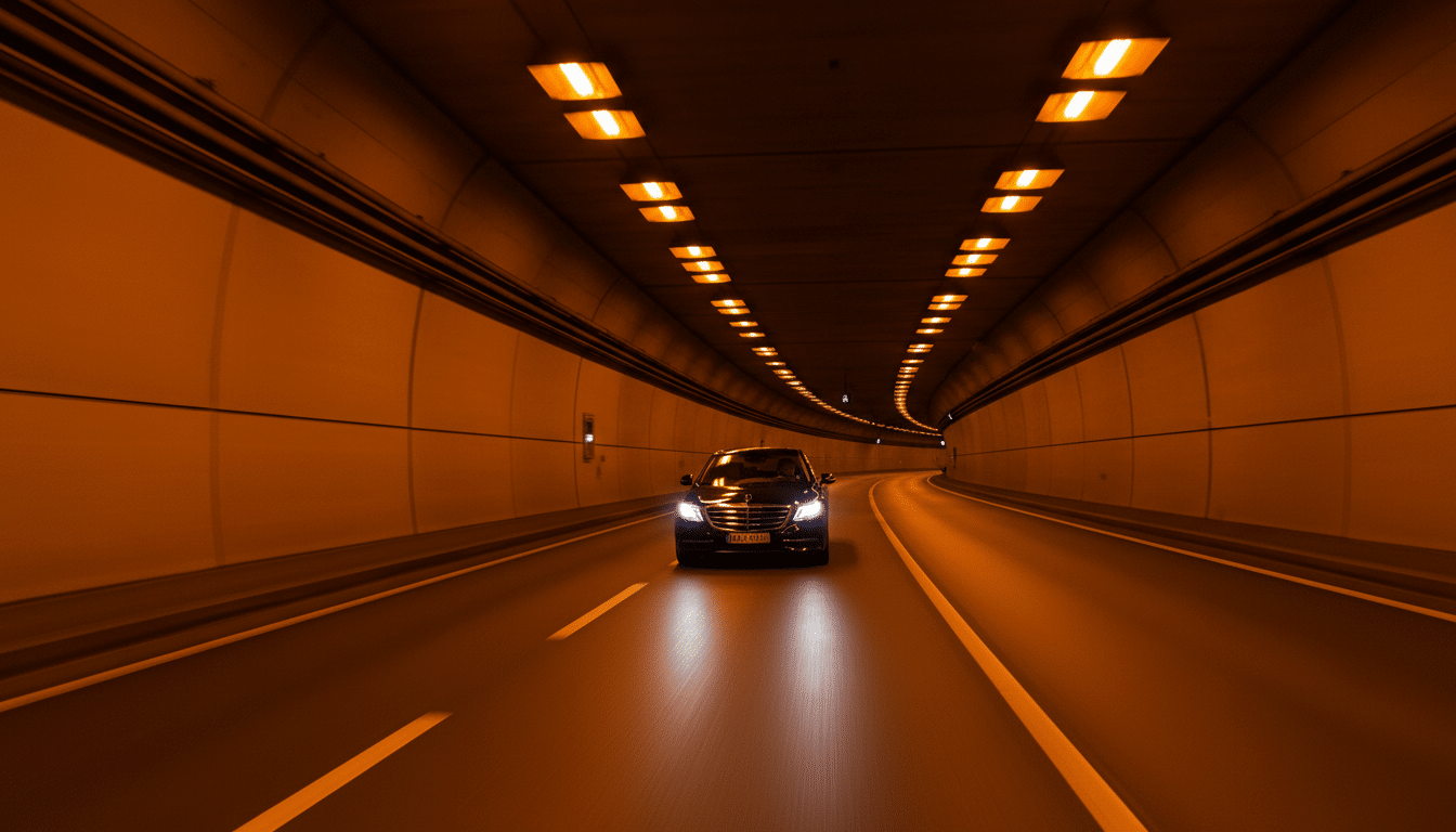 Voiture de sport fonçant dans un tunnel autoroutier de nuit