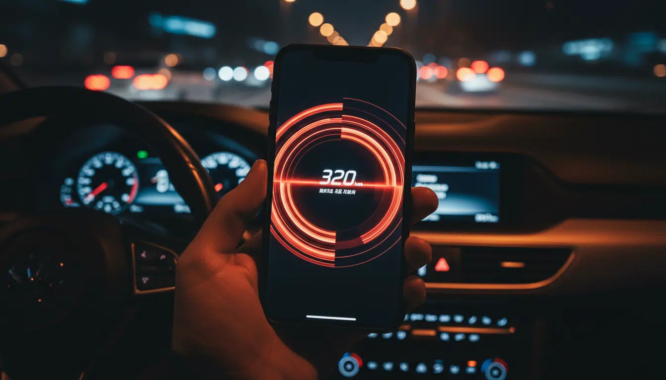 Smartphone affichant un compteur de vitesse élevé dans un habitacle