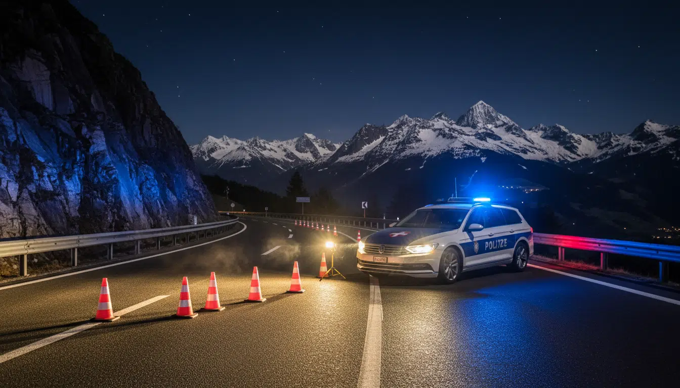 Véhicule de police suisse sur une autoroute de montagne la nuit