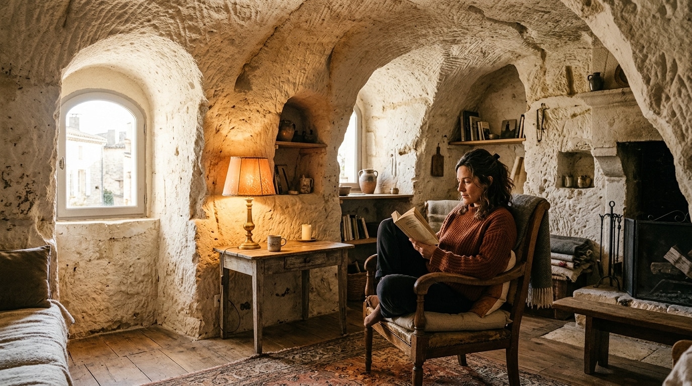 Intérieur chaleureux d'une maison troglodyte à Trôo