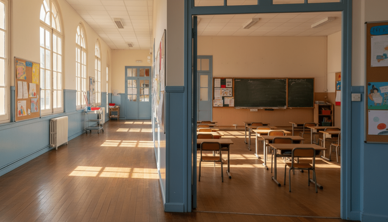 Couloir d'école primaire baigné de lumière matinale
