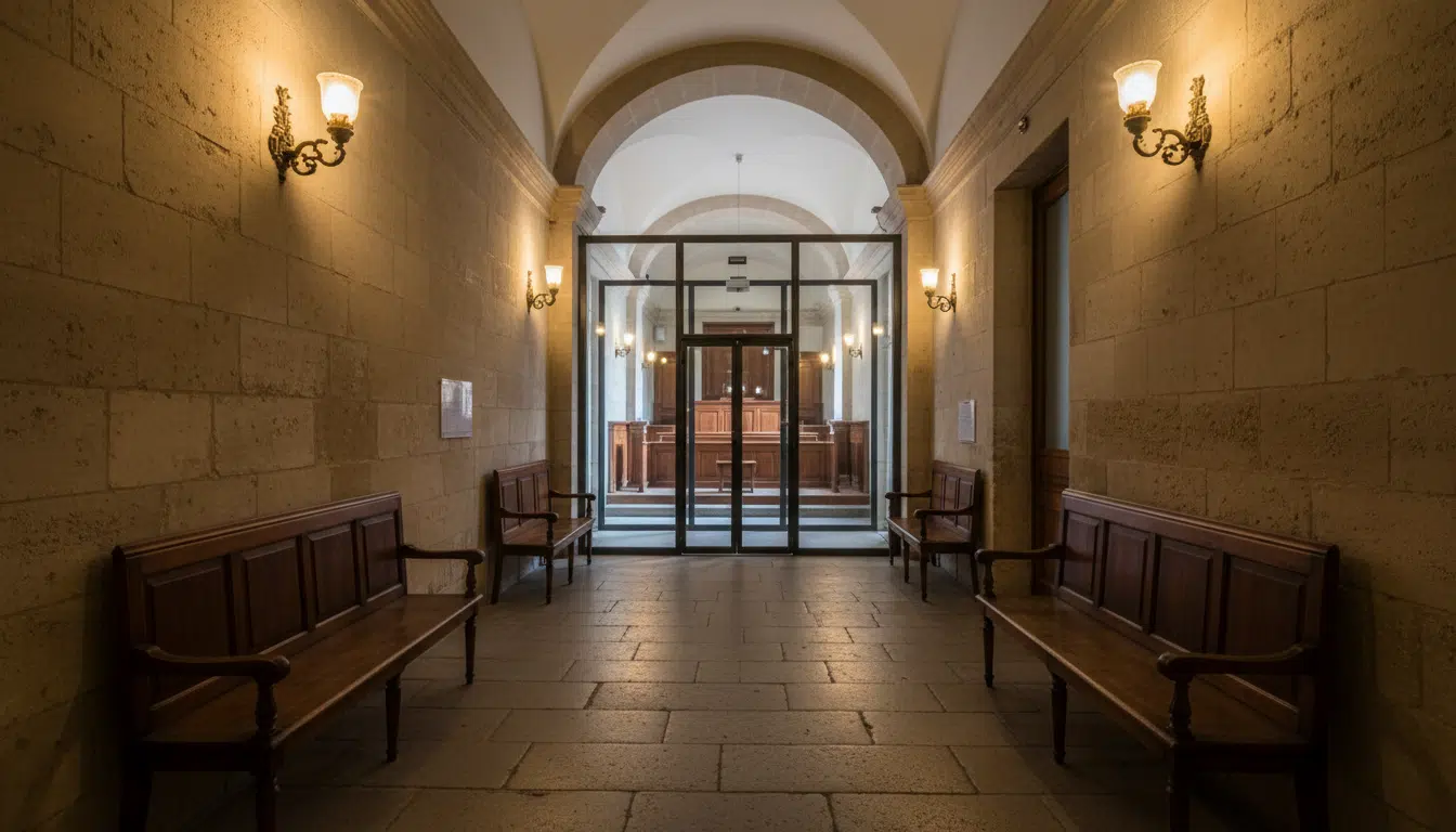 Couloir du tribunal correctionnel avec box vitré des accusés