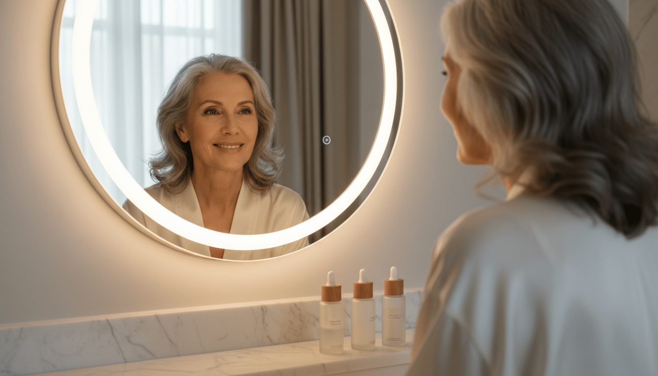 Femme souriante devant son miroir routine beauté minimaliste