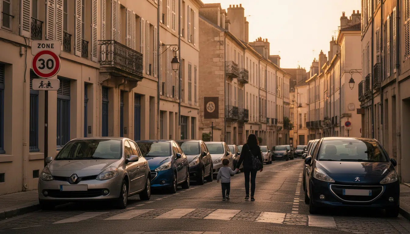 Zone 30 en ville avec un enfant traversant la rue