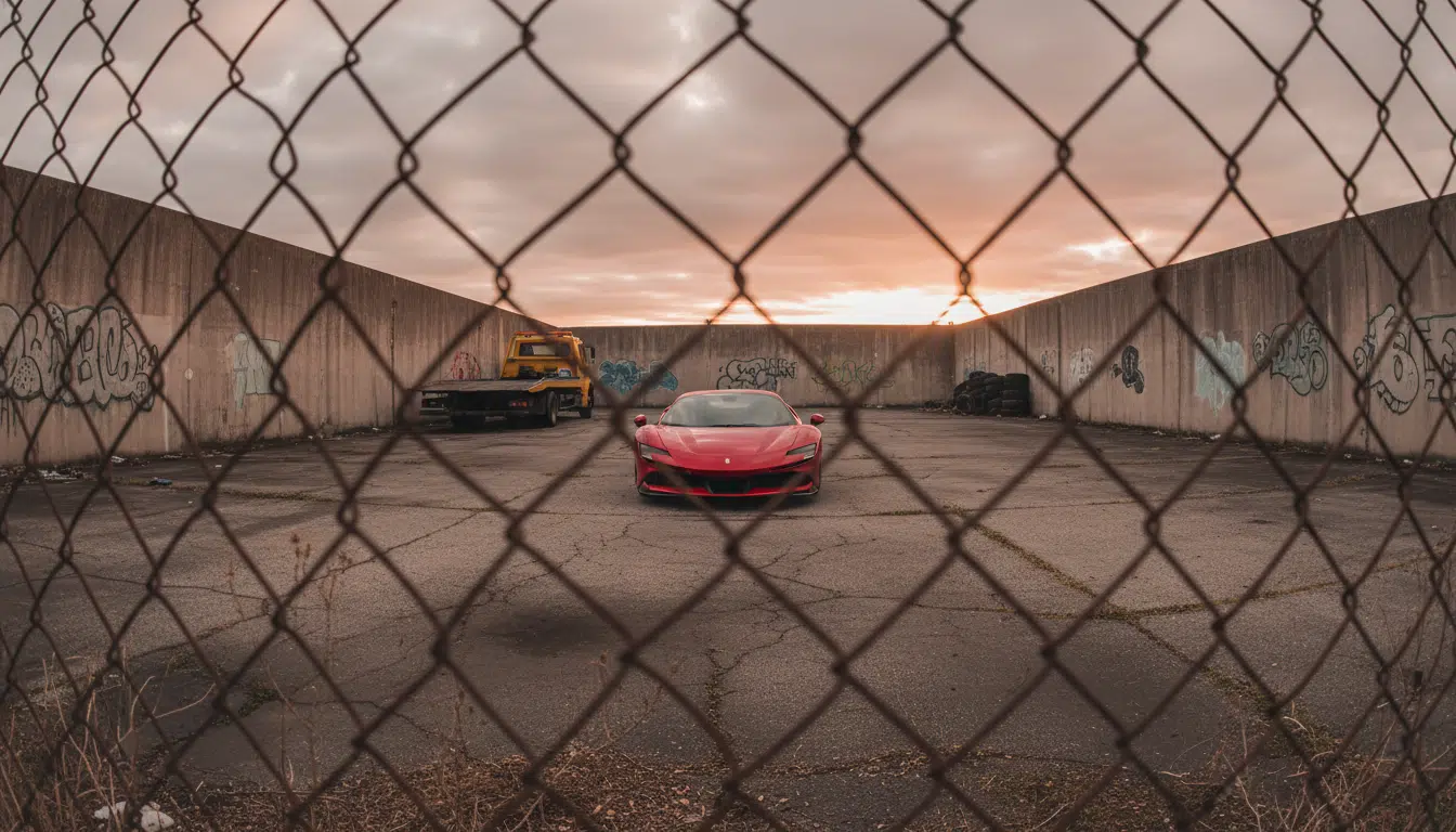 Ferrari rouge garée dans une fourrière automobile
