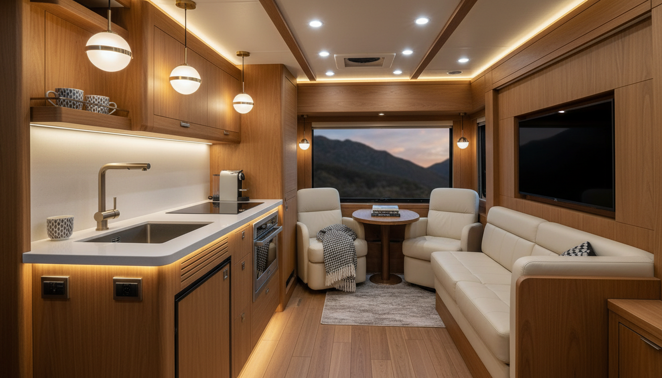 Intérieur luxueux d'un grand camping-car haut de gamme avec cuisine équipée et salon confortable