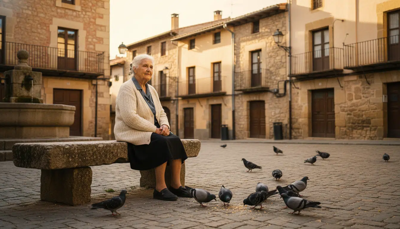 Retraitée octogénaire assise sur un banc entourée de pigeons