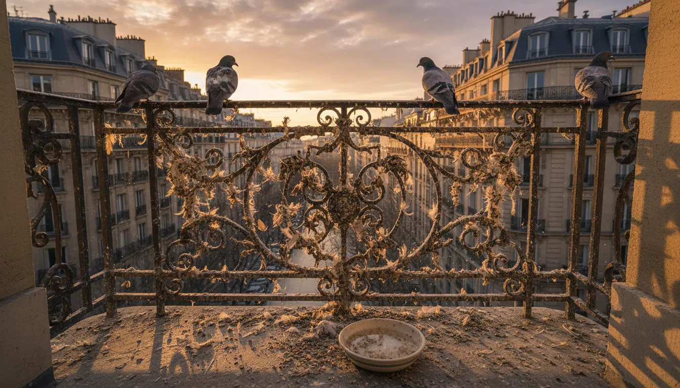 Balcon urbain couvert de fientes de pigeons