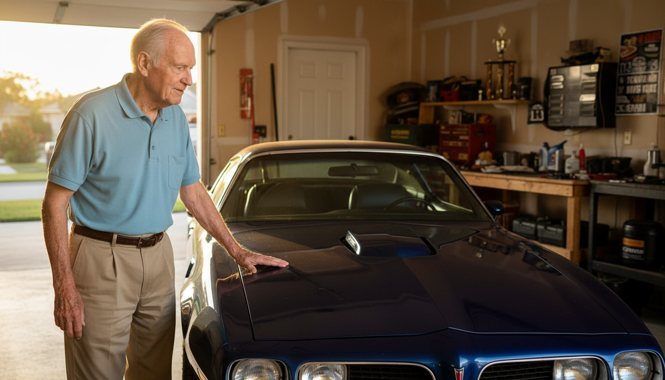Homme âgé devant sa Pontiac Firebird Formula 1979 en Floride