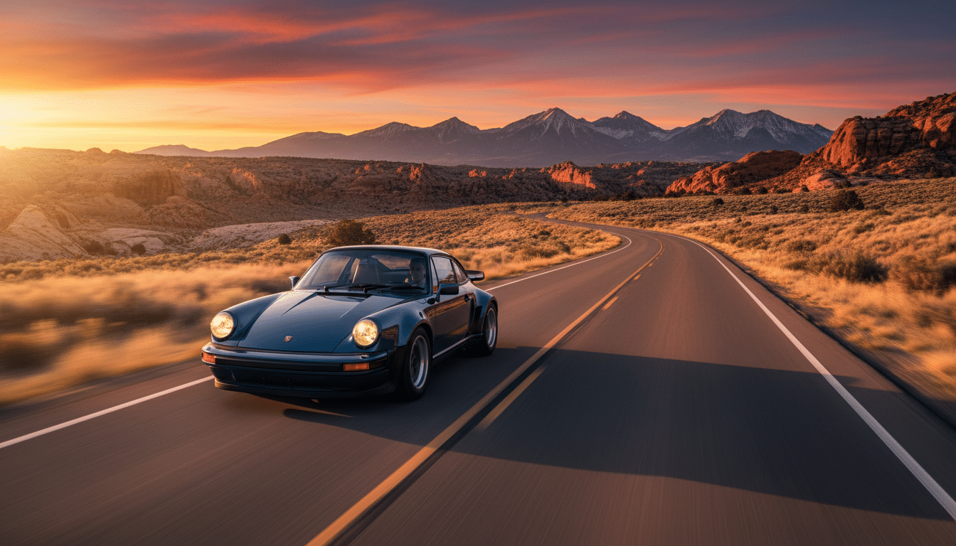 Porsche 911 Turbo 930 sur une longue route nord-américaine